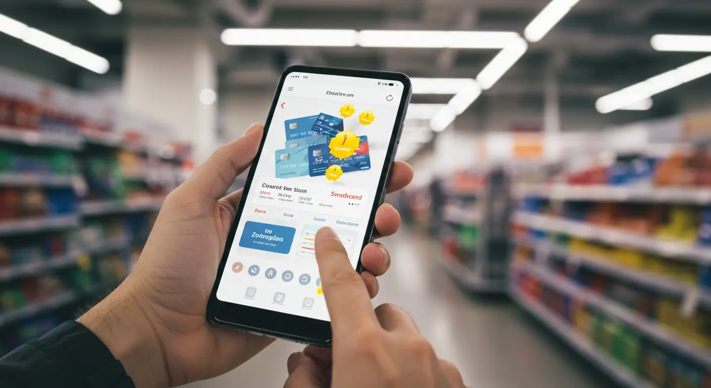 Mãos segurando smartphone com aplicativo financeiro que transforma vendas parceladas em pagamento único, em um ambiente de loja de varejo.