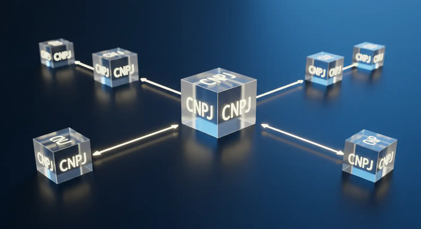 Infográfico 3D com cubos interligados por fluxos de luz, representando a operação intercompany e a transferência de capital entre empresas de um grupo.